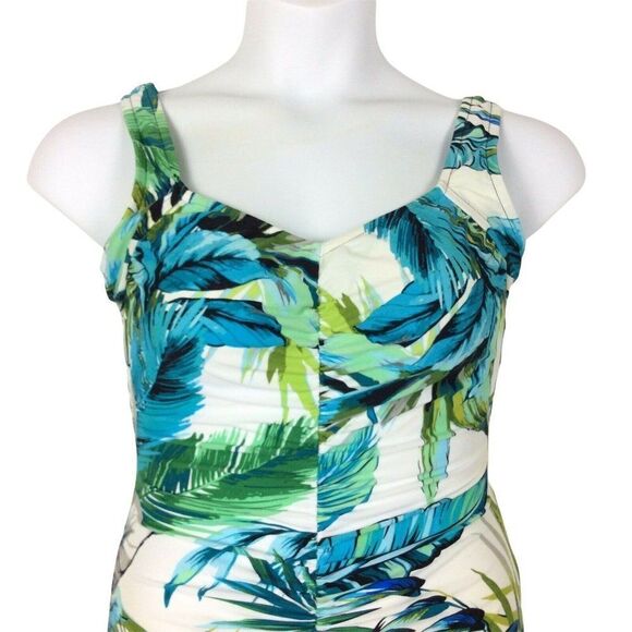 Maxine Of Hollywood Swimsuit Size 14 White Turquoise Ruched Girl Leg Wide Straps - Picture 2 of 5